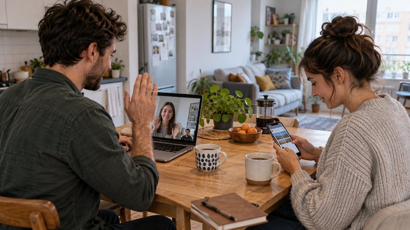Two friends at a kitchen table waving at a laptop during an online video chat