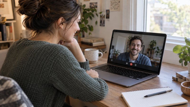 Woman smiling at her laptop during a one-to-one video conversation