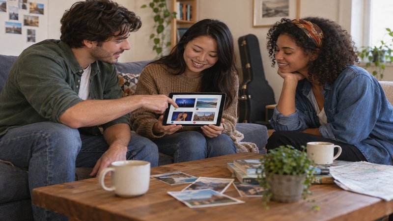Three friends sitting together on a sofa looking at a tablet screen