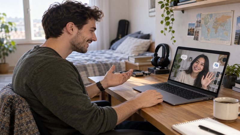 Man at a desk waving at a woman on a laptop video call