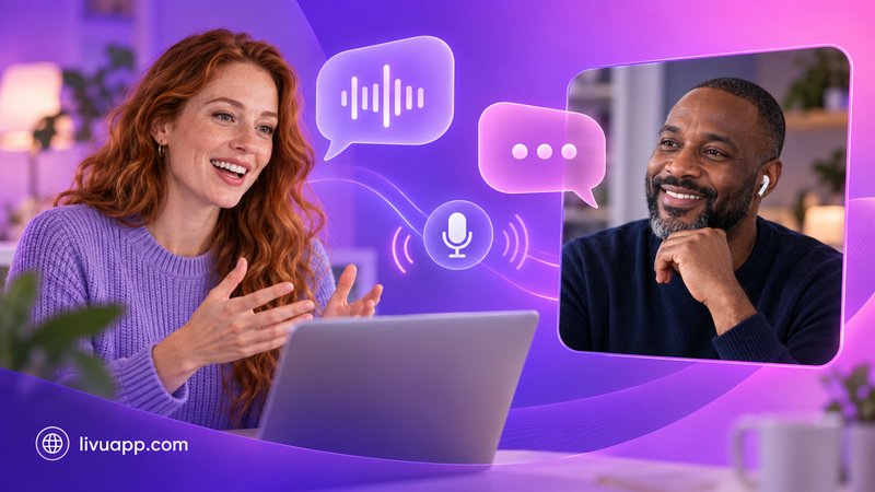 Woman on a laptop video call using voice and translation to talk with a man abroad