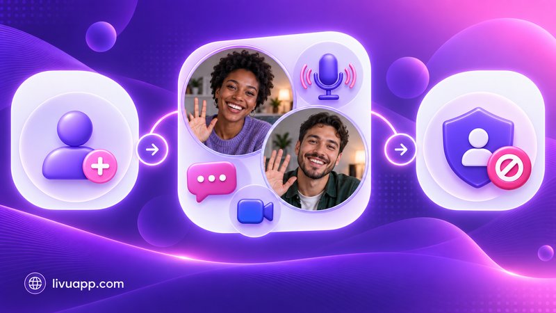 Anonymous chat flow: join a session, chat by text or video, then block or report